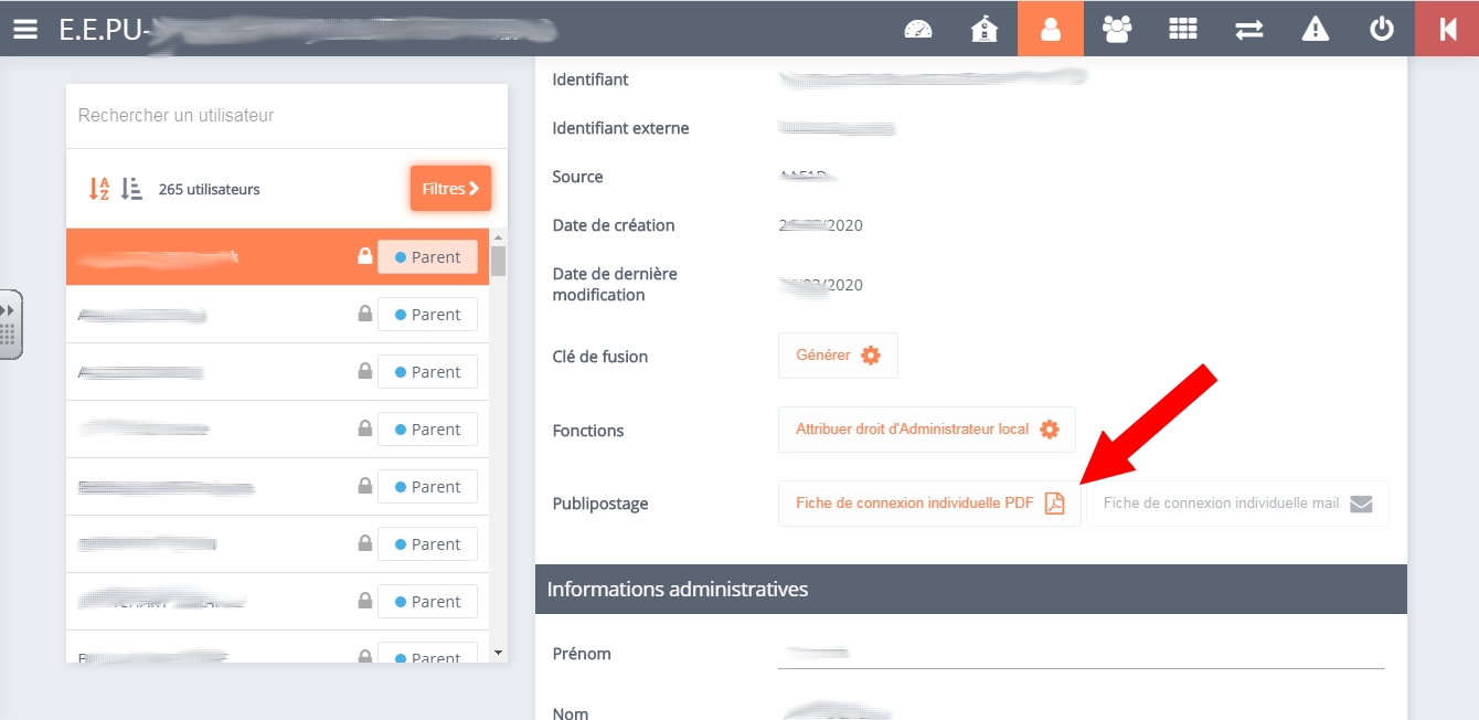 ENT Donner le code d’activation à chaque parent Inspection de l